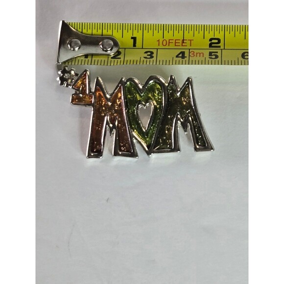 #1 Mom Pin Brooch Silver Tone Green Orange Sparkly - Picture 5 of 5